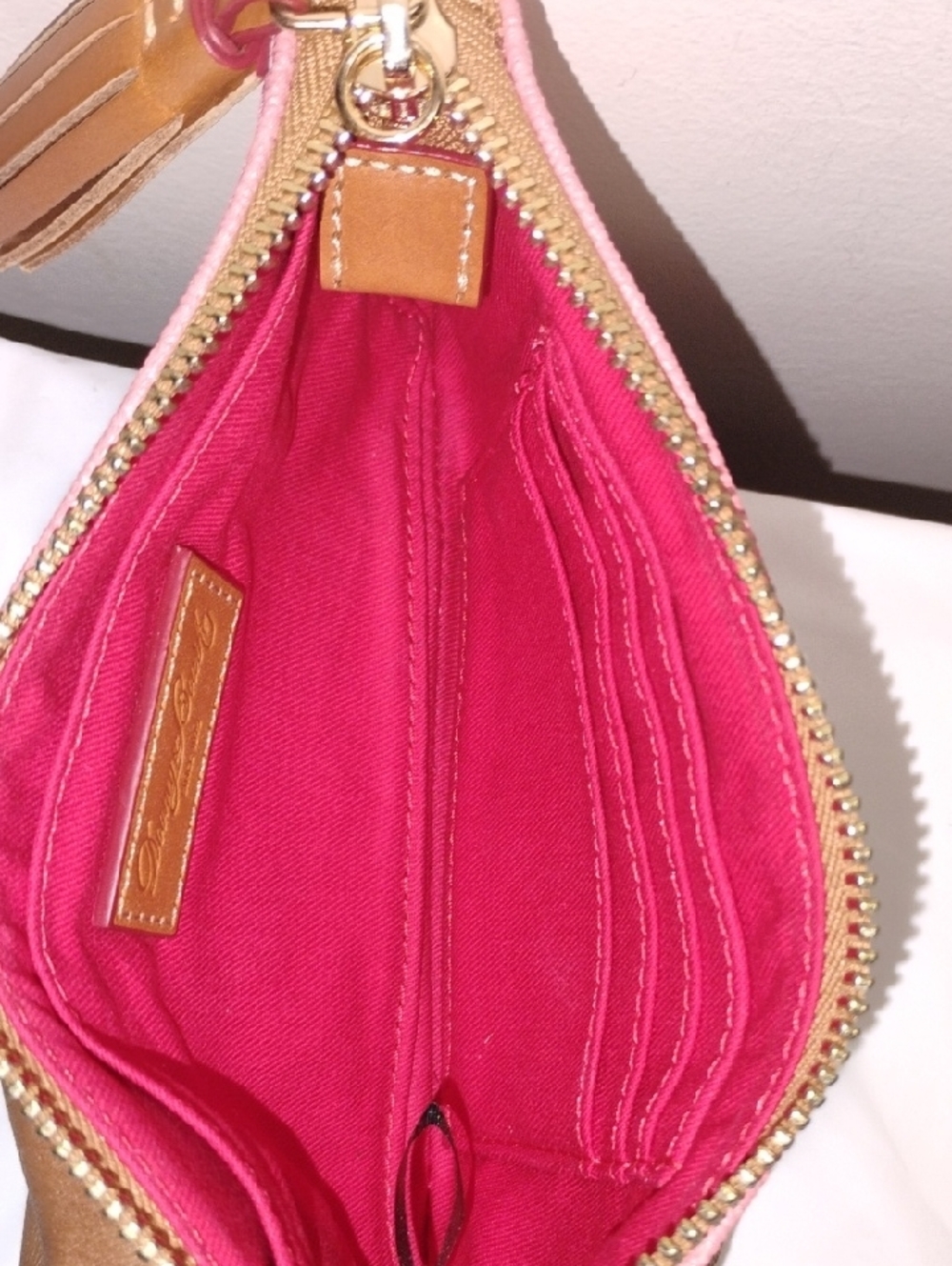Dooney & Bourke Pink and White Striped Wristlet with Tan Tassel - Picture 4 of 4